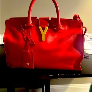 Yves Saint Laurent Red Satchel with Gold Emblem